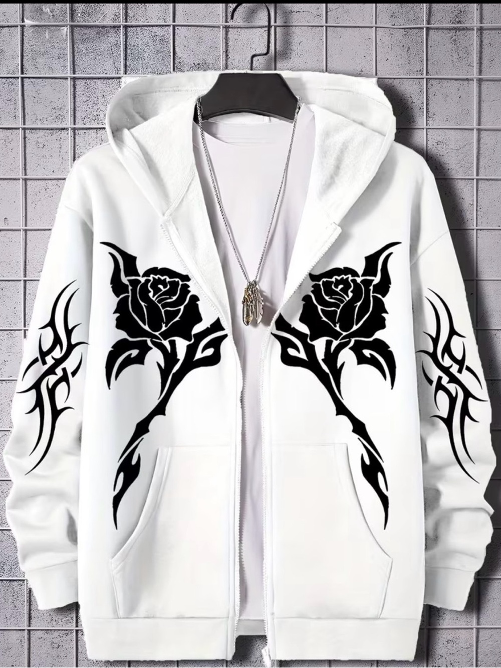 Men's White Zip Hoodie with Black Rose Tribal Graphic hoodie